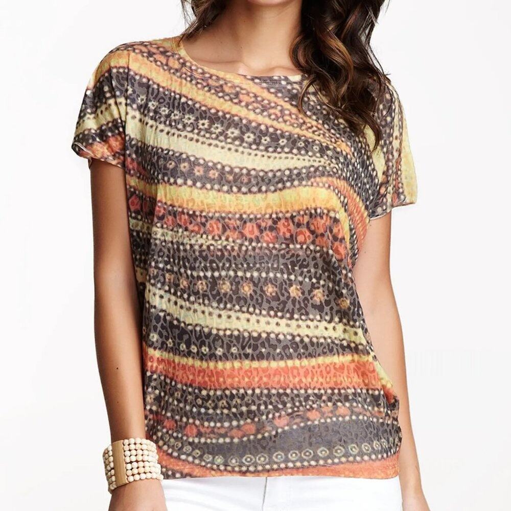 GO COUTURE Nordstrom Women's Crew Neck Camel Printed Blouse  Sz M